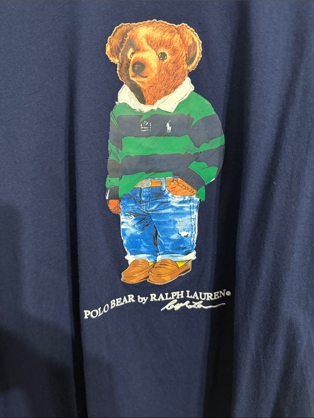 Ralph Lauren Navy Tee with Green & Blue Polo Bear Graphic - Picture 2 of 4